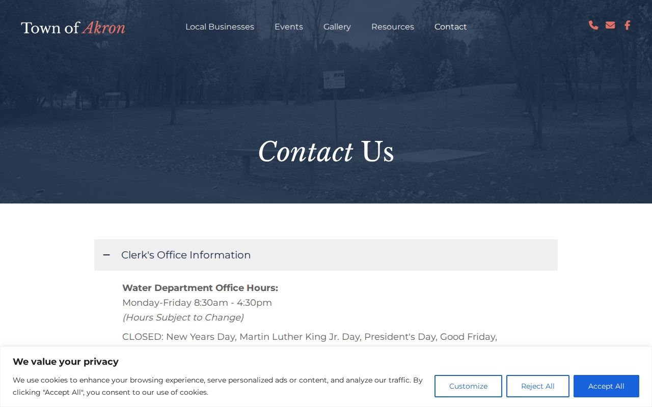 Town of Akron official office and police contact page